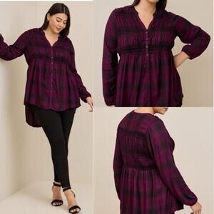 Torrid Rayon Twill Smocked Button-Front Tunic Top